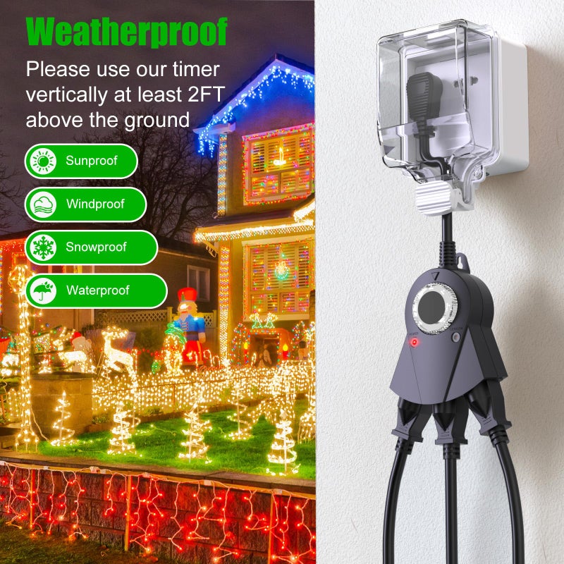Brightown Outdoor Light Sensor Timer, 24 Hours Heavy Duty Waterproof Outlet Timer with 2, 4, 6 or 8 Hours Countdown Mode, 3 Grounded Electrical Outlet for Home Backyard Garden (2 Pack) - Image 3